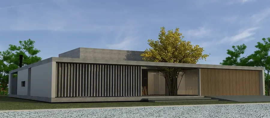 Invernón Arquitectos — Fachada norte con el parasol de listones